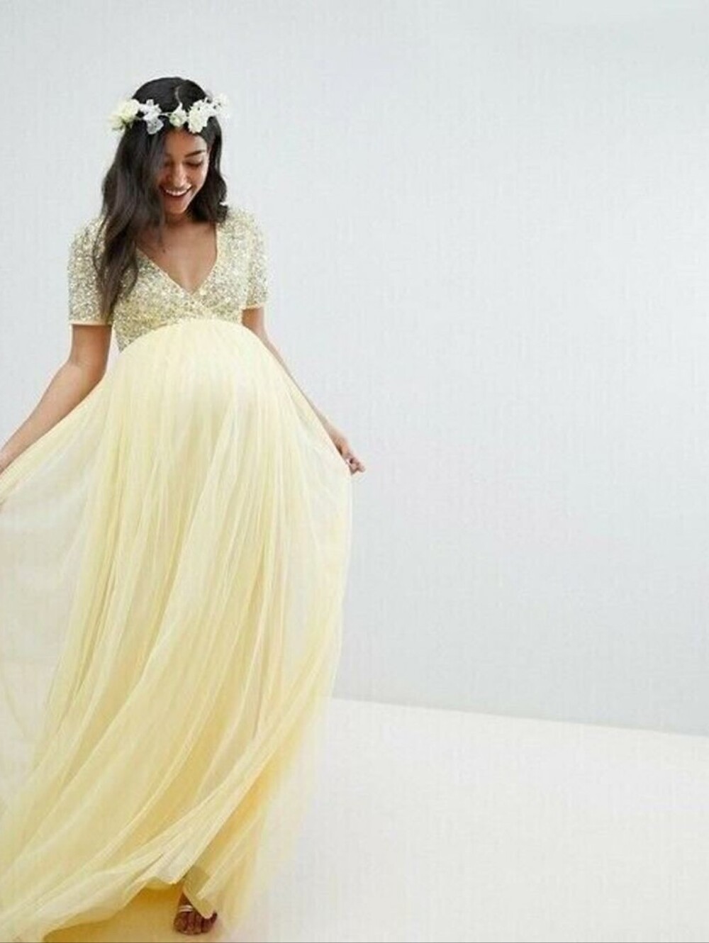 Maya Delicate Sequin Detail Tulle Maxi Dress in Lemon 10 Maternity